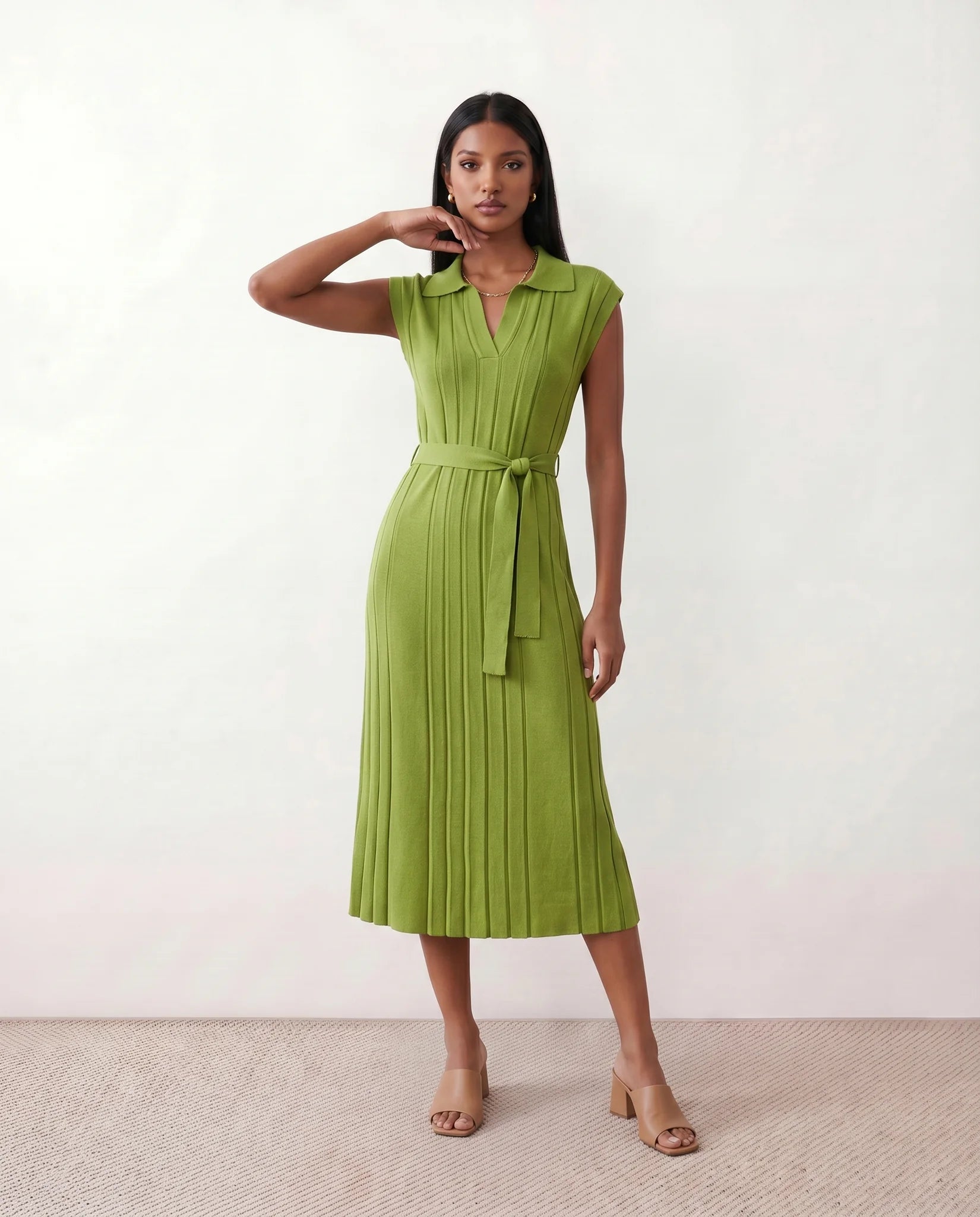 Etta Cocktail Pleated Midi Dress in Green — front view