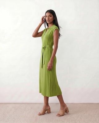 Etta Cocktail Pleated Midi Dress in Green — side view