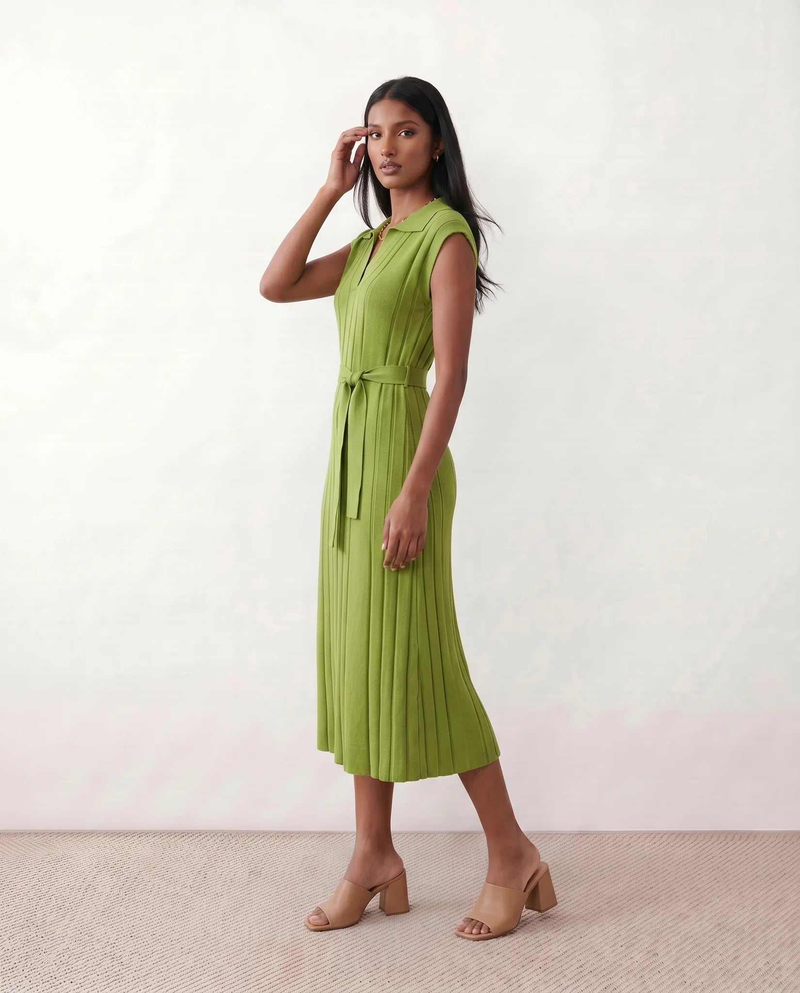 Etta Cocktail Pleated Midi Dress in Green — side view