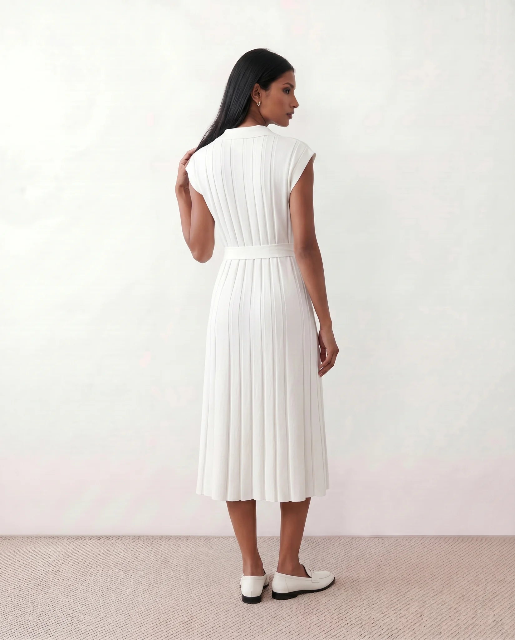 Etta Cocktail Pleated Midi Dress in White — back view