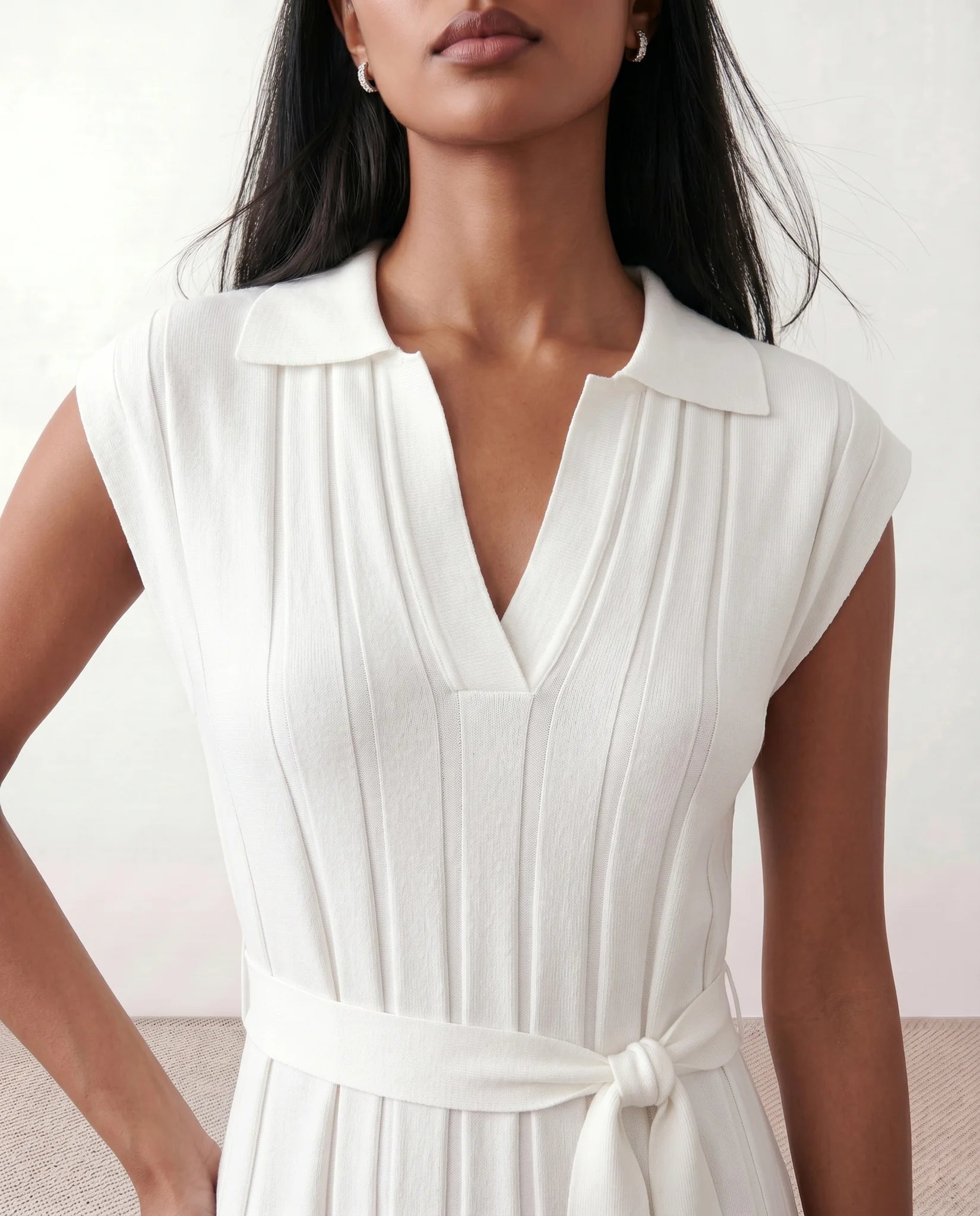 Etta Cocktail Pleated Midi Dress in White — detail close-up