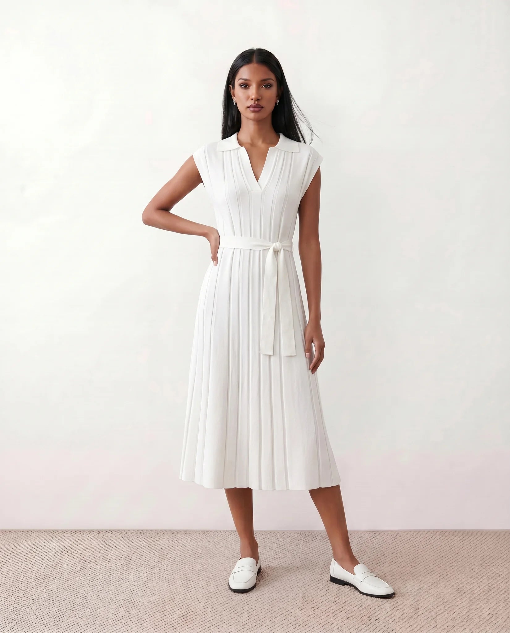 Etta Cocktail Pleated Midi Dress in White — front view