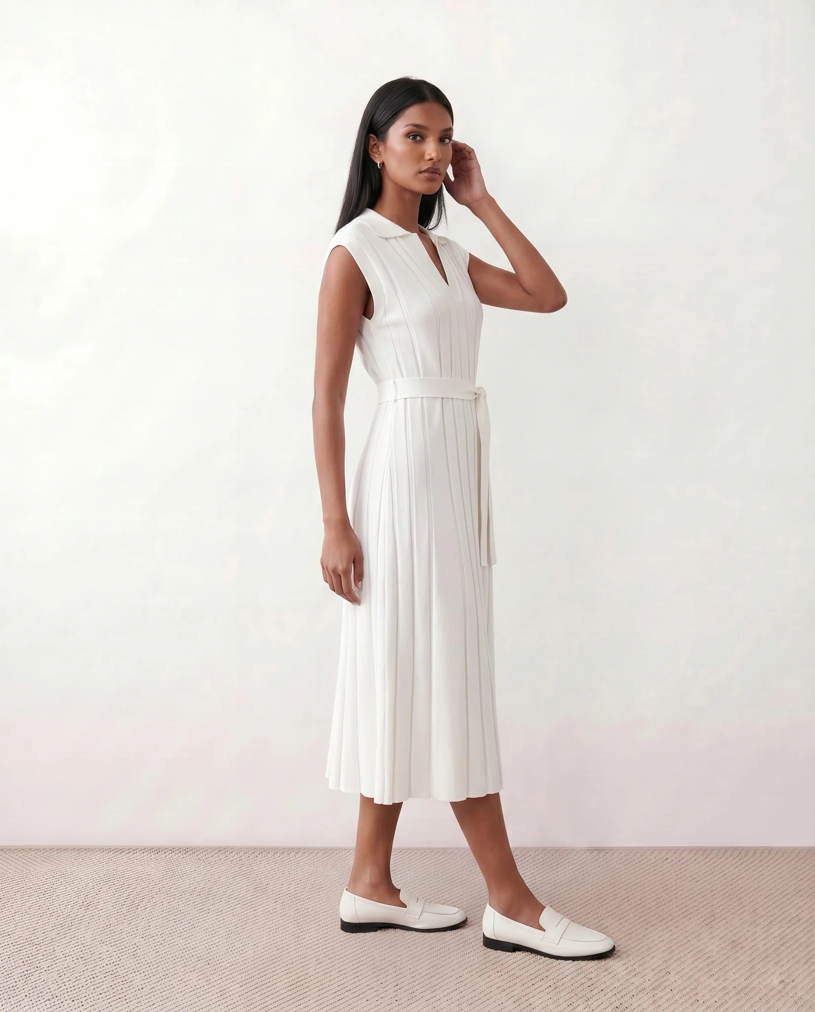 Etta Cocktail Pleated Midi Dress in White — side view