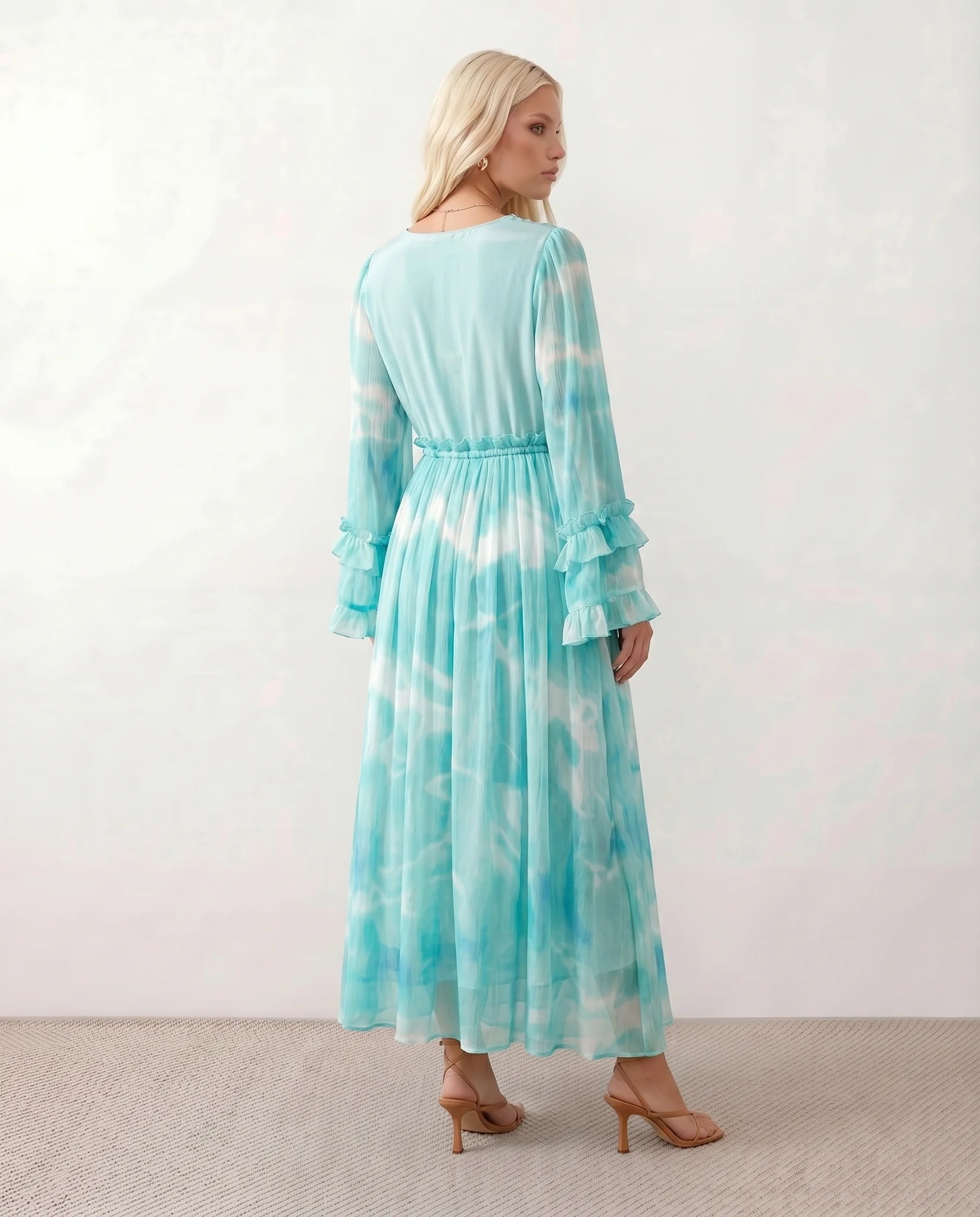 Mina Silk Tie Dye Maxi Dress in Tie dye Light Blue — back view