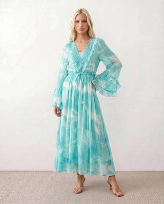 Mina Silk Tie Dye Maxi Dress in Tie dye Light Blue — front view