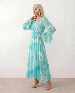 Mina Silk Tie Dye Maxi Dress in Tie dye Light Blue — side view