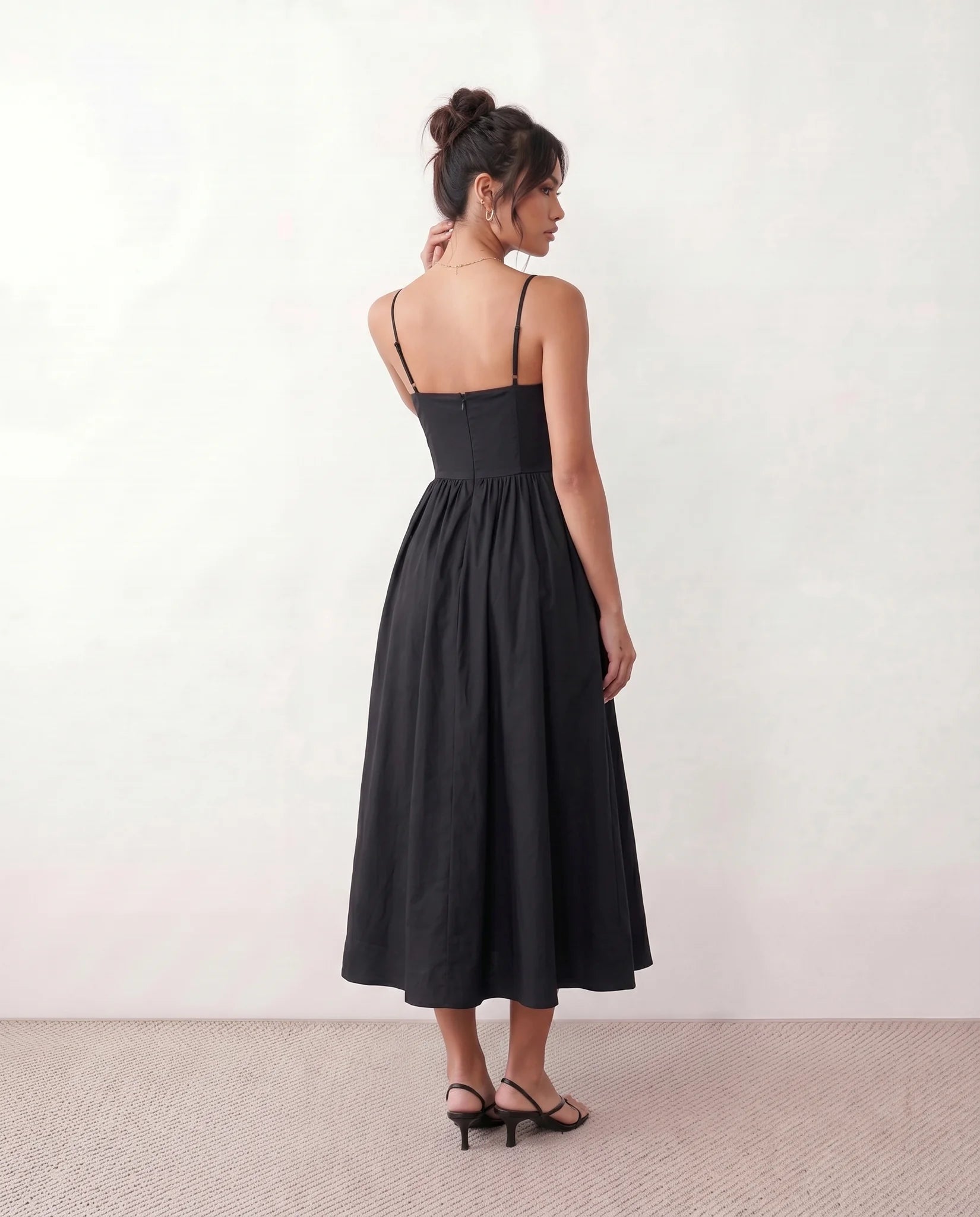 Layla Wedding Guest Spaghetti Strap Midi Dress in Black — back view