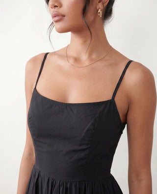 Layla Wedding Guest Spaghetti Strap Midi Dress in Black — detail close-up