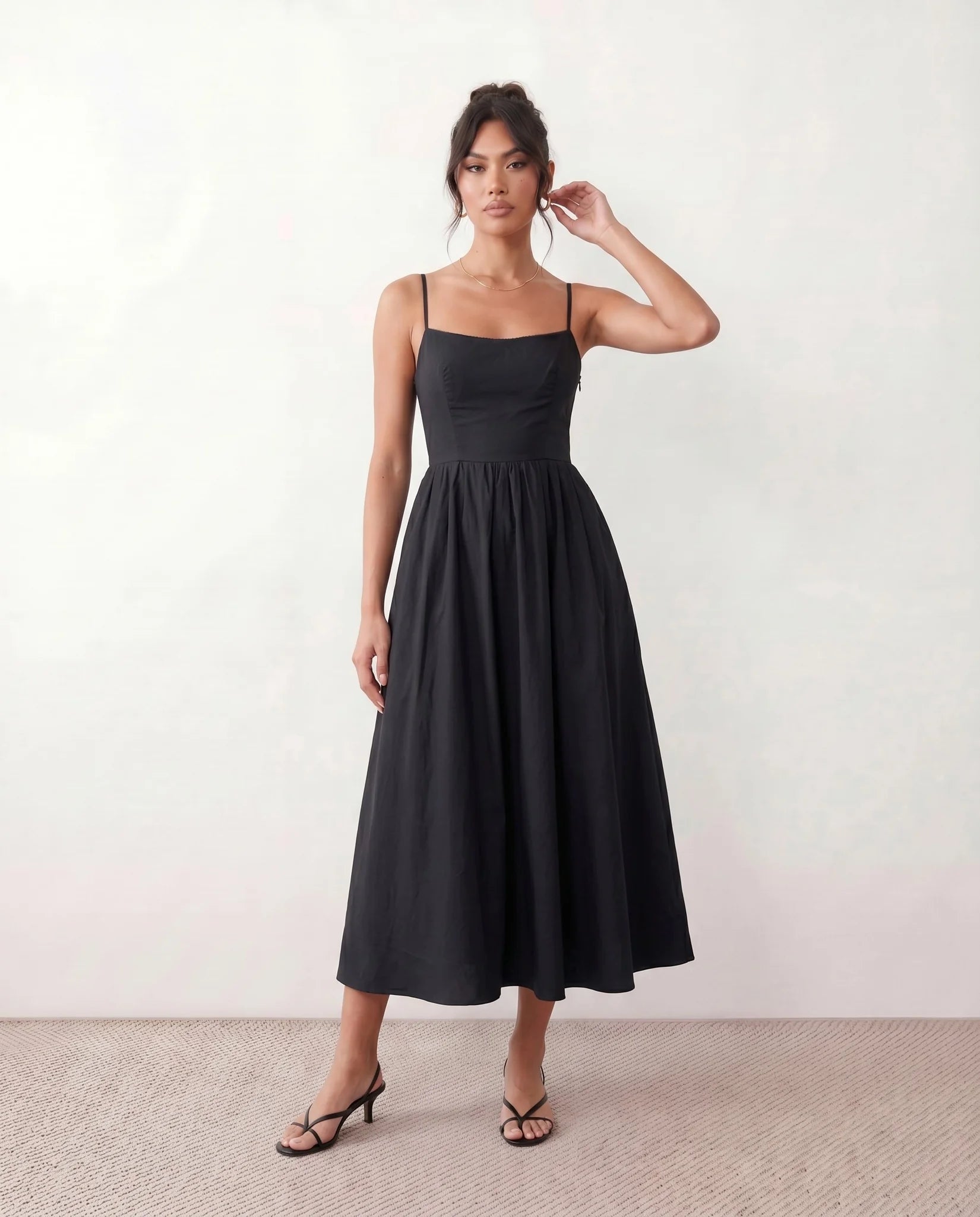 Layla Wedding Guest Spaghetti Strap Midi Dress in Black — front view