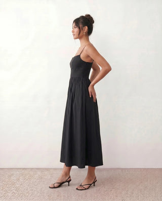 Layla Wedding Guest Spaghetti Strap Midi Dress in Black — side view