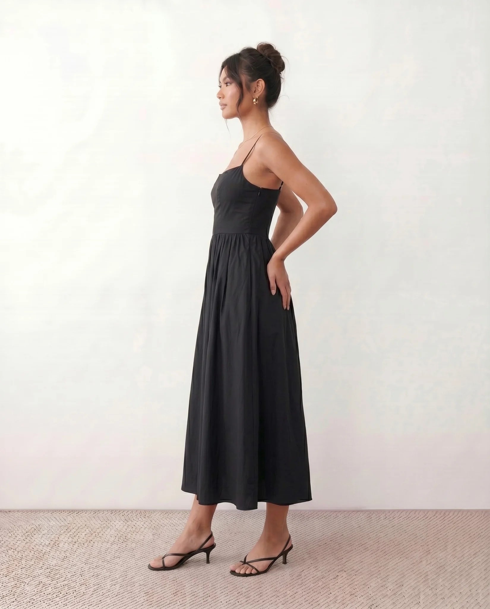 Layla Wedding Guest Spaghetti Strap Midi Dress in Black — side view