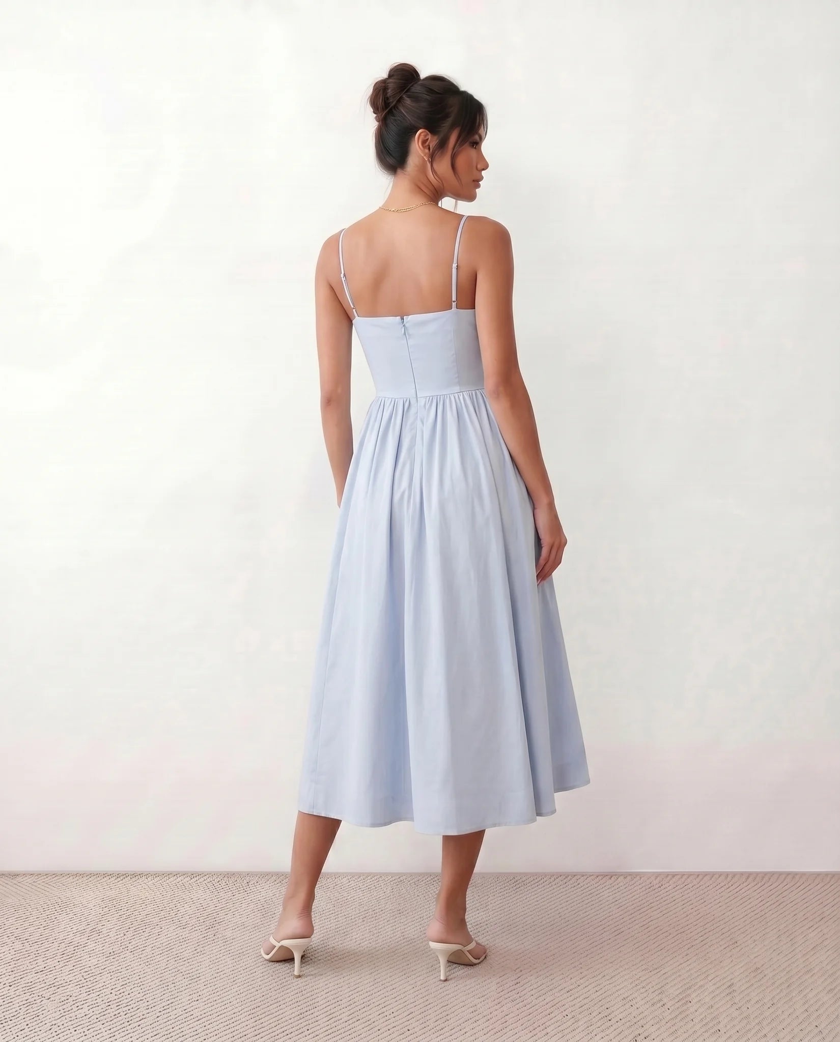 Layla Wedding Guest Spaghetti Strap Midi Dress in Light Blue — back view