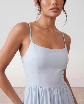 Layla Wedding Guest Spaghetti Strap Midi Dress in Light Blue — detail close-up