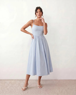 Layla Wedding Guest Spaghetti Strap Midi Dress in Light Blue — front view