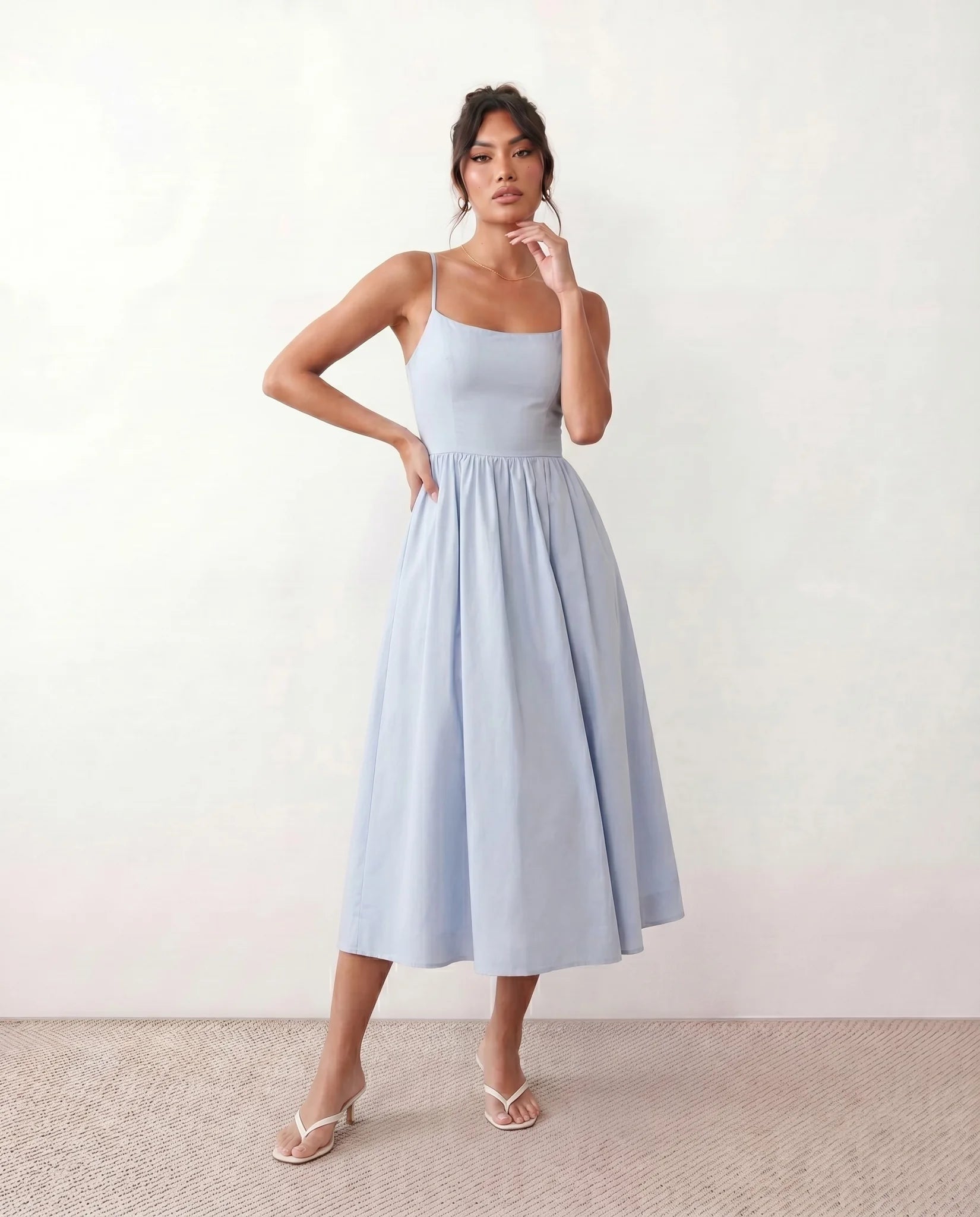 Layla Wedding Guest Spaghetti Strap Midi Dress in Light Blue — front view