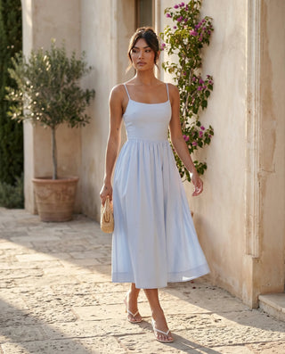 Layla Wedding Guest Spaghetti Strap Midi Dress in Light Blue — lifestyle movement view