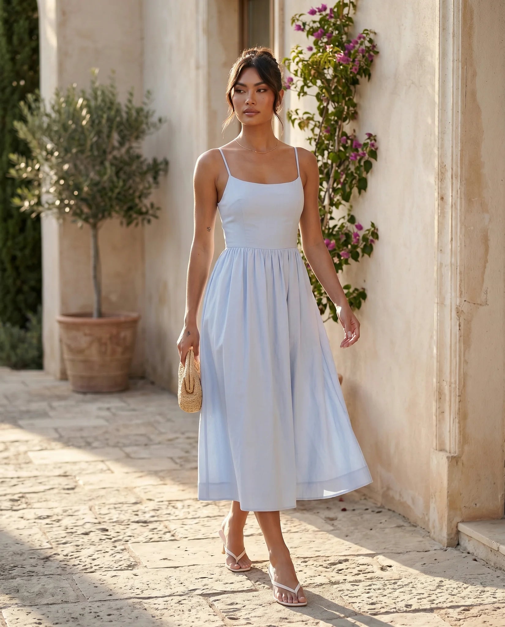 Layla Wedding Guest Spaghetti Strap Midi Dress in Light Blue — lifestyle movement view
