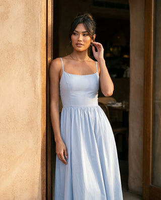 Layla Wedding Guest Spaghetti Strap Midi Dress in Light Blue — lifestyle occasion view