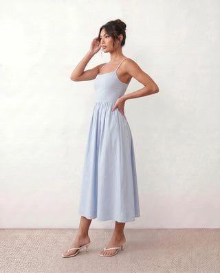Layla Wedding Guest Spaghetti Strap Midi Dress in Light Blue — side view