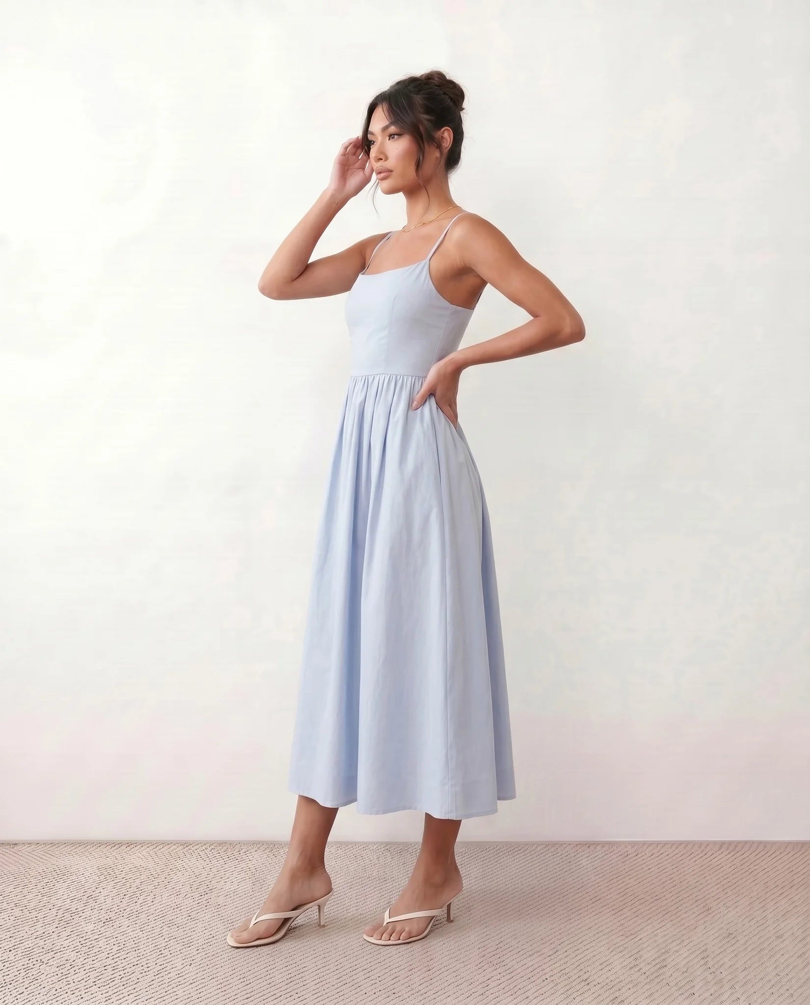 Layla Wedding Guest Spaghetti Strap Midi Dress in Light Blue — side view