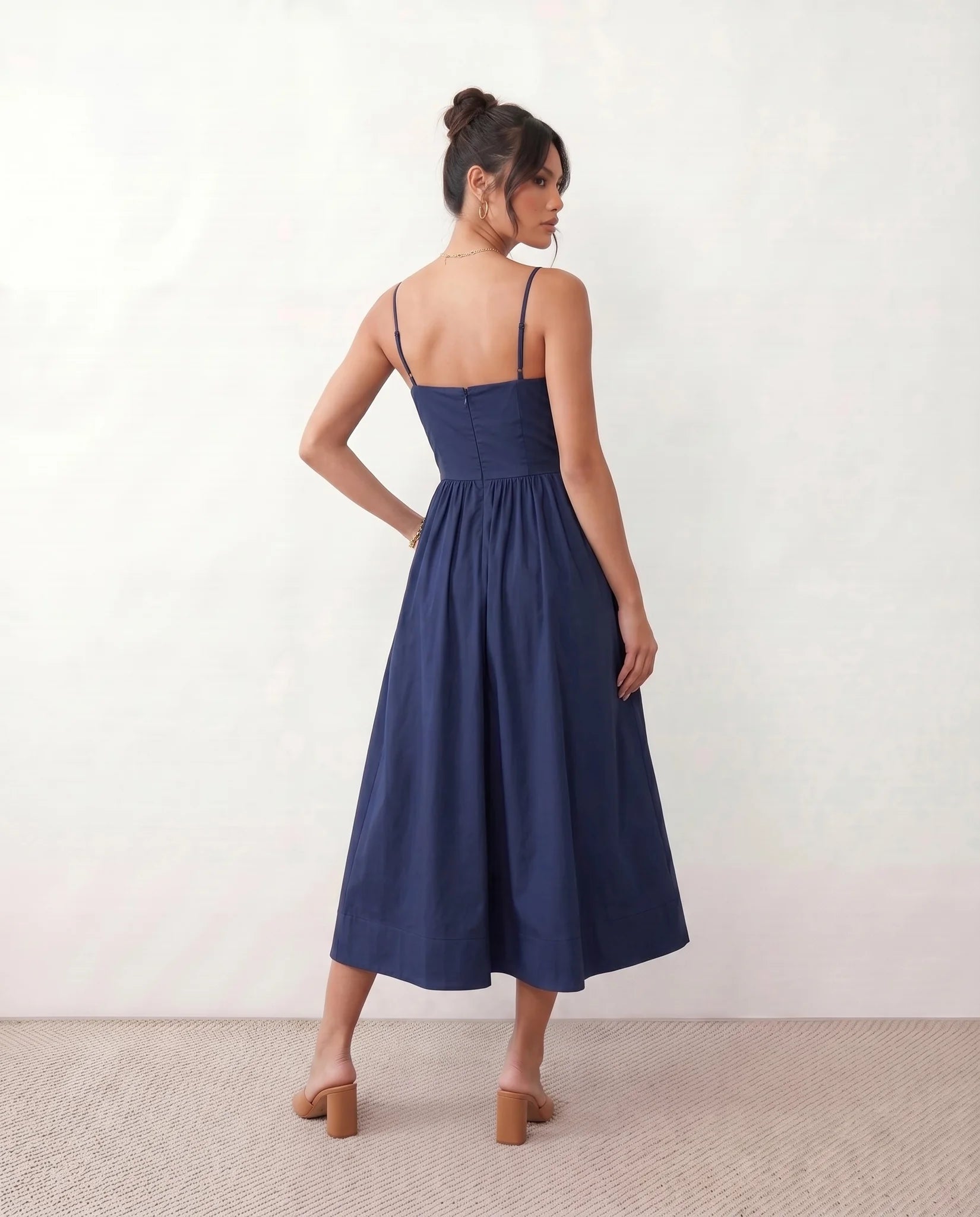 Layla Wedding Guest Spaghetti Strap Midi Dress in Navy — back view