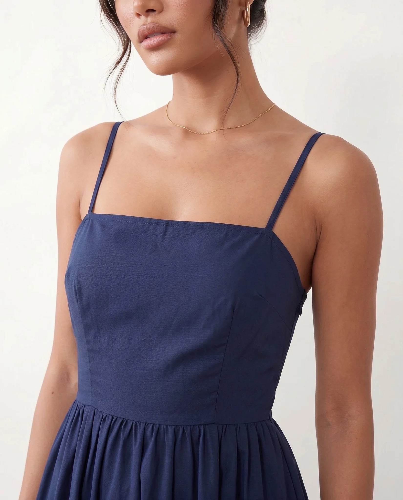 Layla Wedding Guest Spaghetti Strap Midi Dress in Navy — detail close-up
