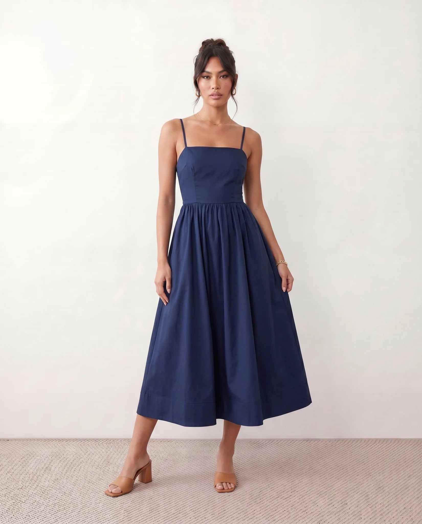 Layla Wedding Guest Spaghetti Strap Midi Dress in Navy — front view