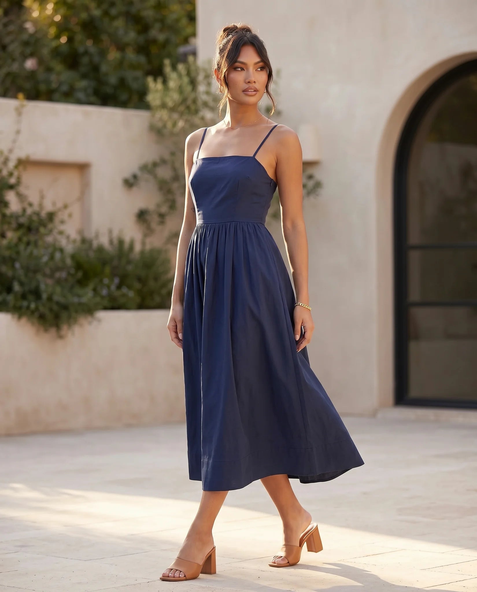Layla Wedding Guest Spaghetti Strap Midi Dress in Navy — lifestyle movement view
