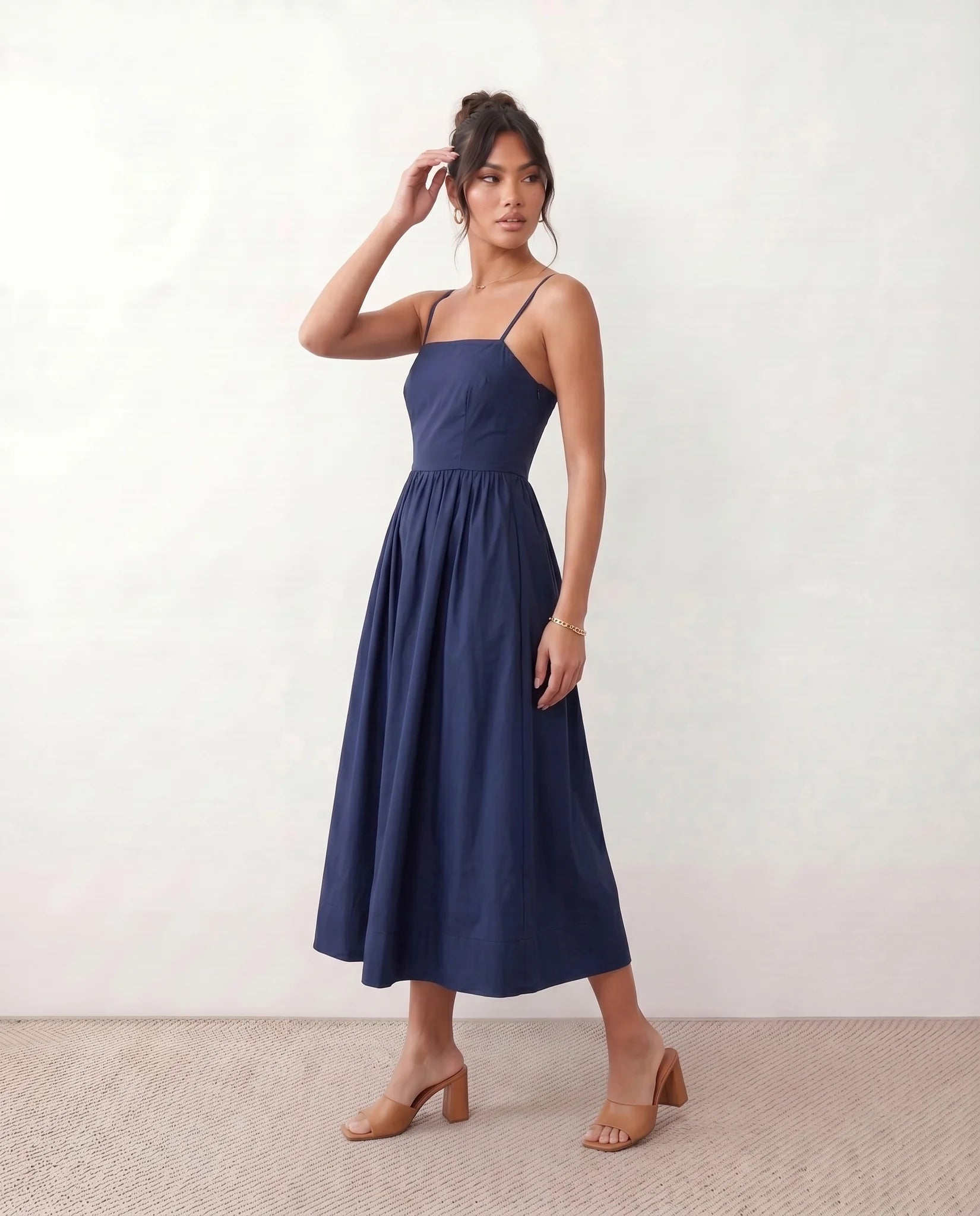 Layla Wedding Guest Spaghetti Strap Midi Dress in Navy — side view