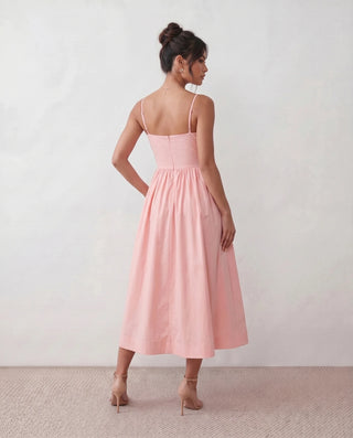 Layla Wedding Guest Spaghetti Strap Midi Dress in Pink — back view