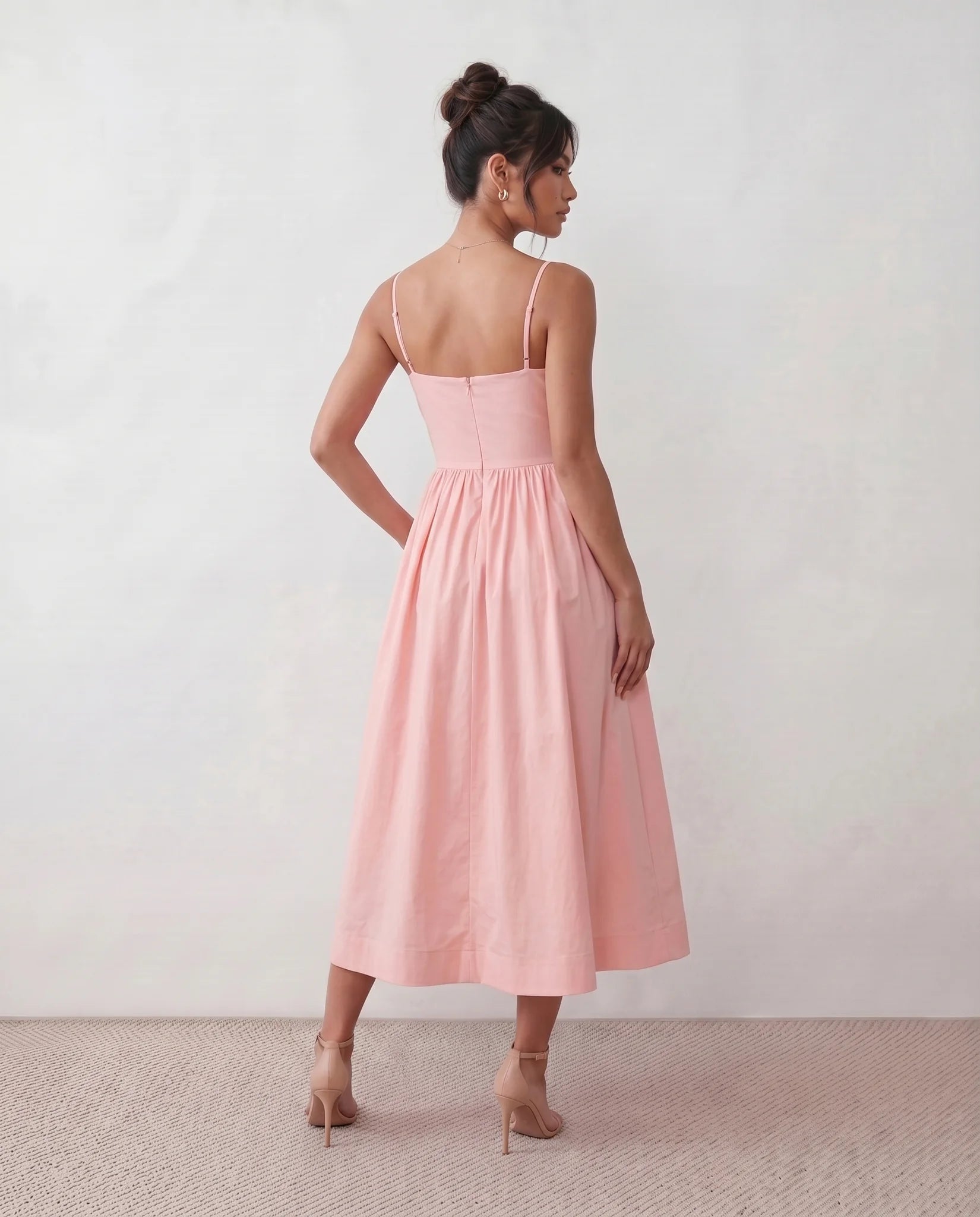 Layla Wedding Guest Spaghetti Strap Midi Dress in Pink — back view