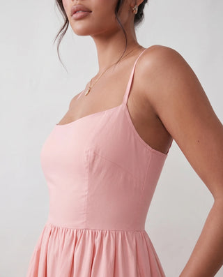 Layla Wedding Guest Spaghetti Strap Midi Dress in Pink — detail close-up