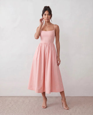 Layla Wedding Guest Spaghetti Strap Midi Dress in Pink — front view