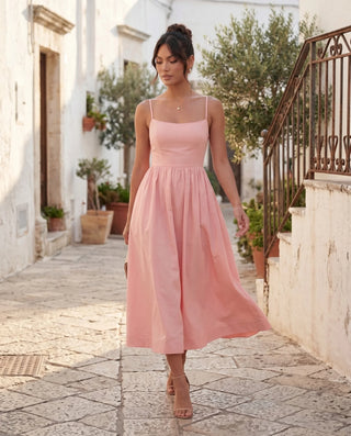 Layla Wedding Guest Spaghetti Strap Midi Dress in Pink — lifestyle movement view