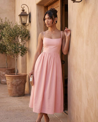 Layla Wedding Guest Spaghetti Strap Midi Dress in Pink — lifestyle occasion view