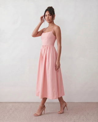 Layla Wedding Guest Spaghetti Strap Midi Dress in Pink — side view