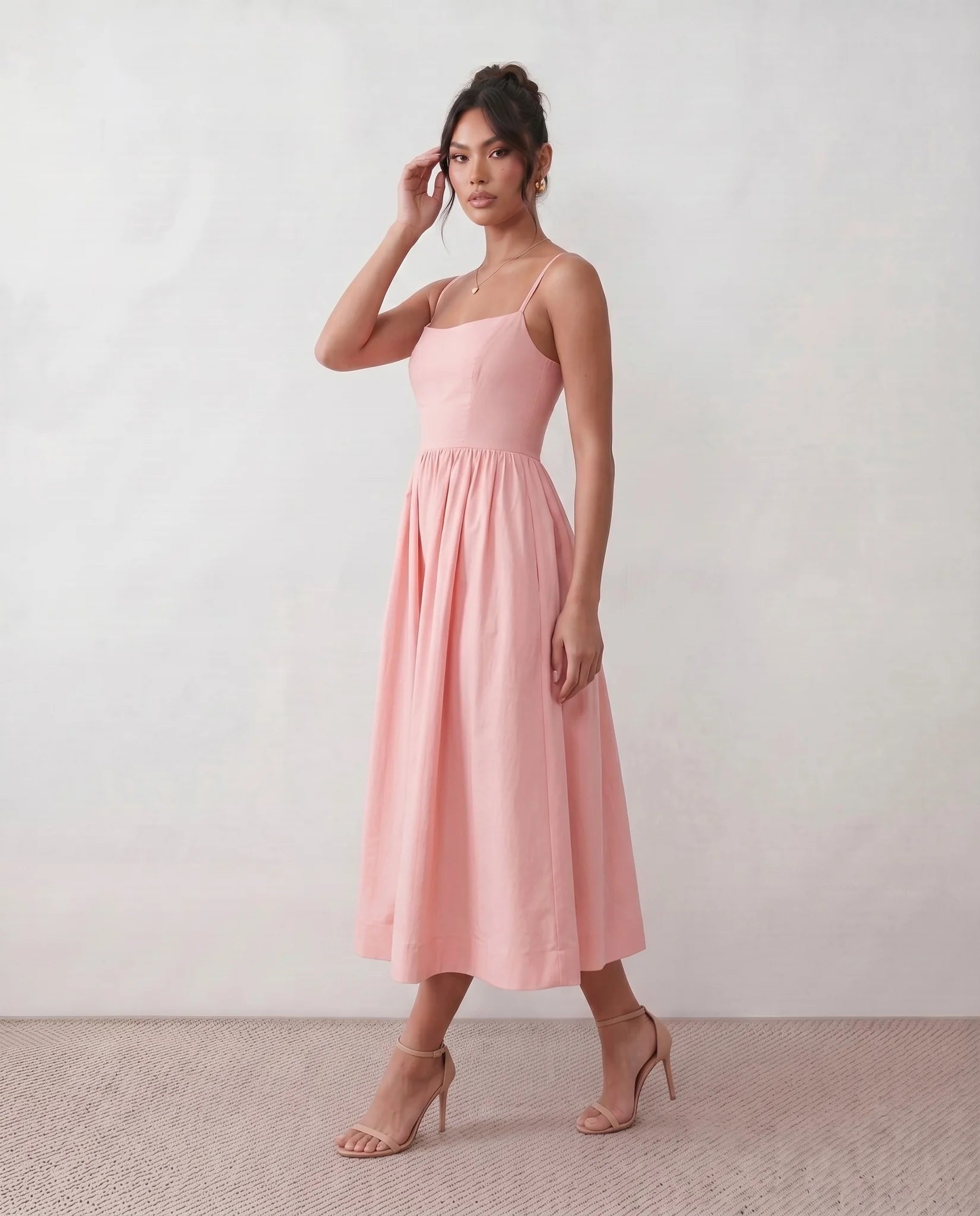 Layla Wedding Guest Spaghetti Strap Midi Dress in Pink — side view