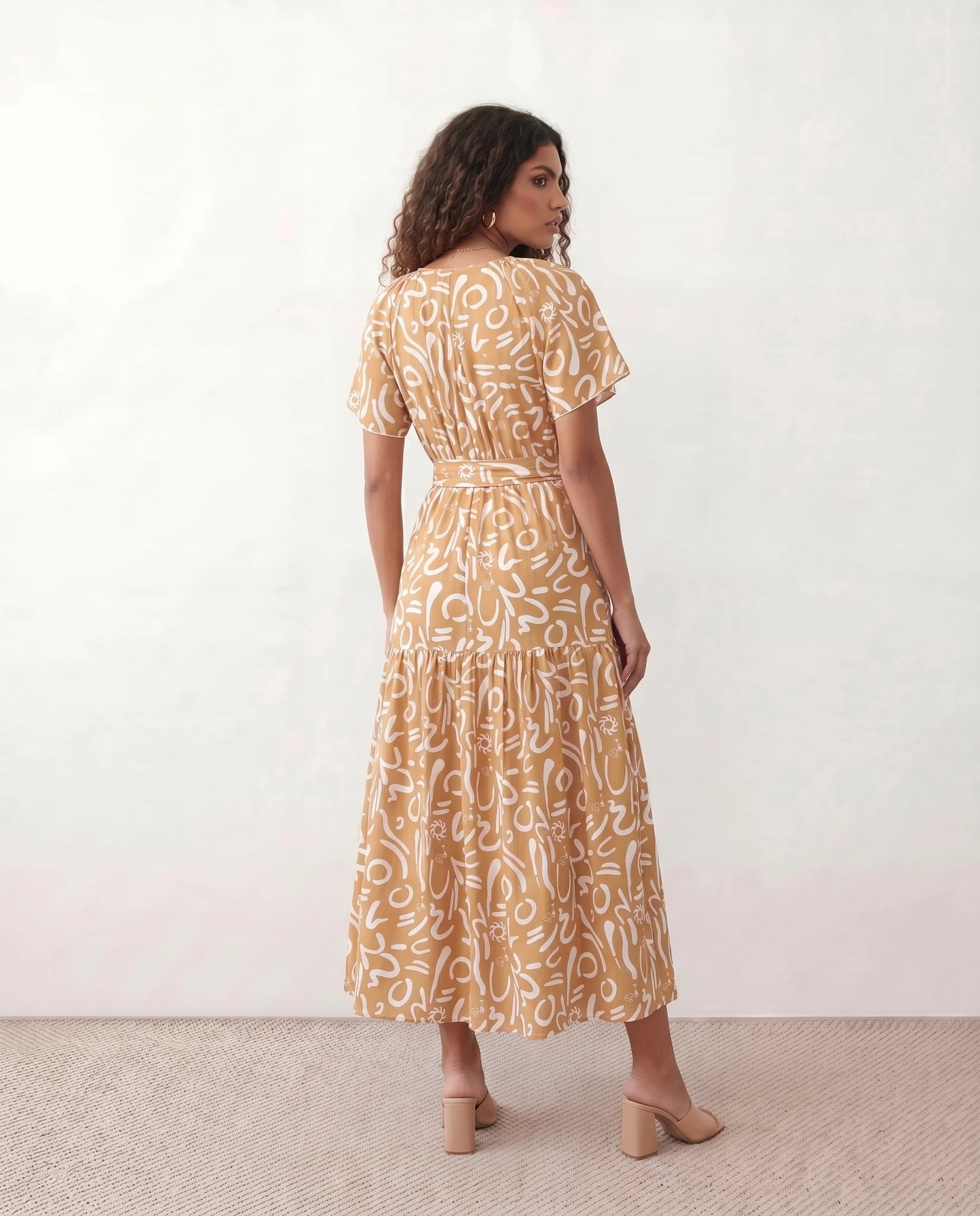 Vera Abstract Print Tie Detail Maxi Dress in Abstract Beige — back view