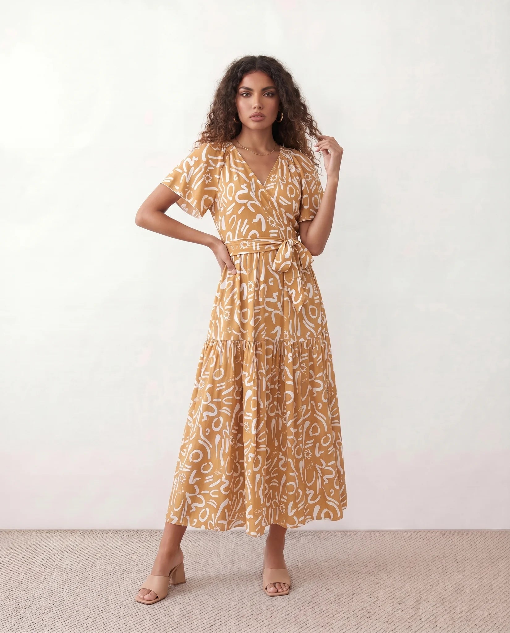 Vera Abstract Print Tie Detail Maxi Dress in Abstract Beige — front view