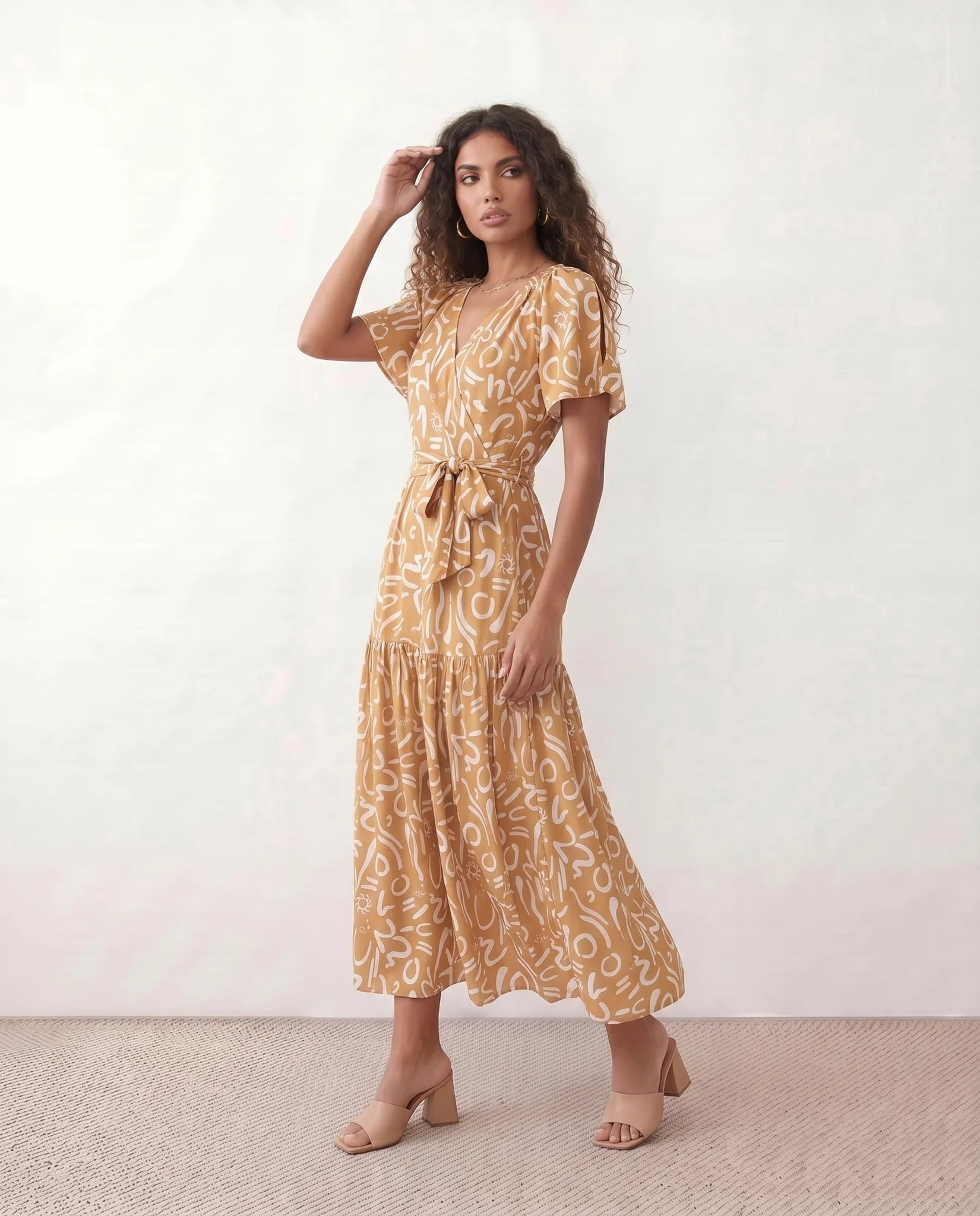 Vera Abstract Print Tie Detail Maxi Dress in Abstract Beige — side view