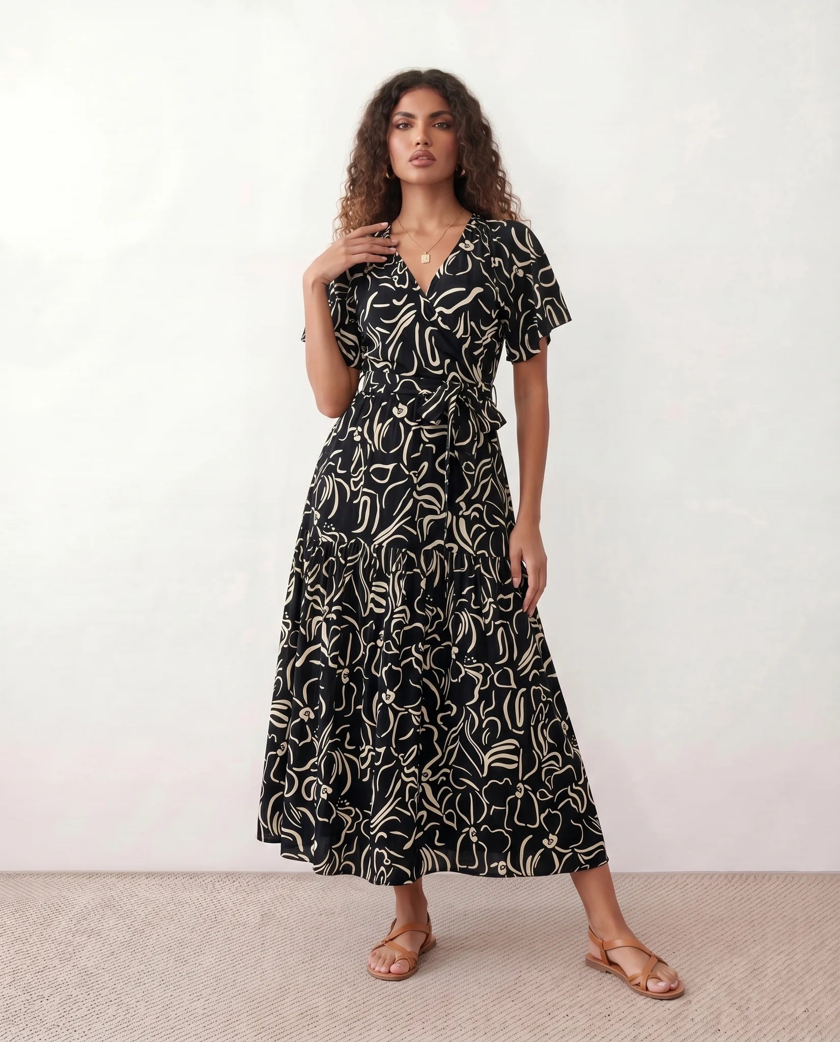 Vera Abstract Print Tie Detail Maxi Dress in Abstract Black — front view