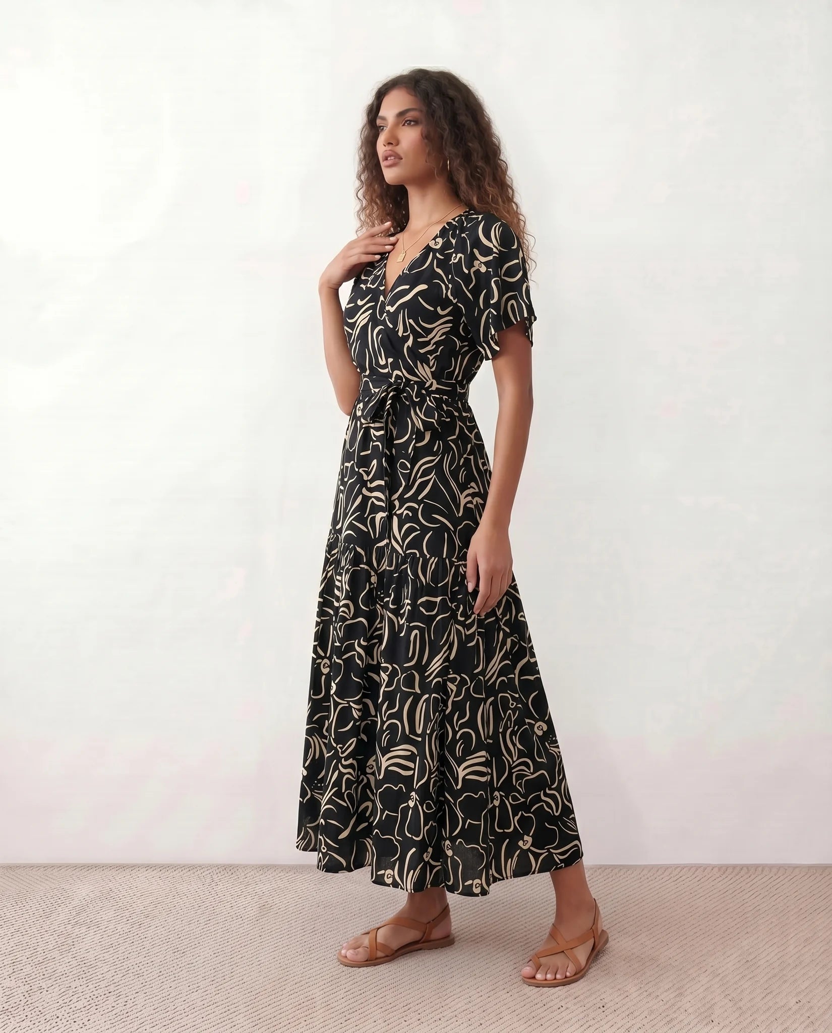 Vera Abstract Print Tie Detail Maxi Dress in Abstract Black — side view