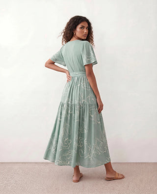 Vera Abstract Print Tie Detail Maxi Dress in Abstract Green — back view