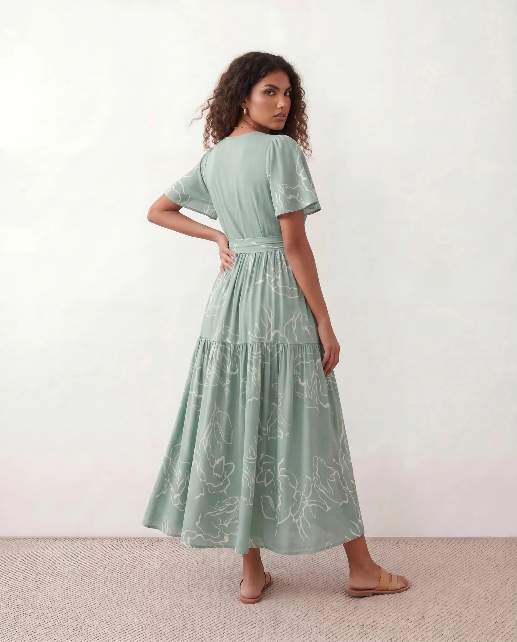 Vera Abstract Print Tie Detail Maxi Dress in Abstract Green — back view