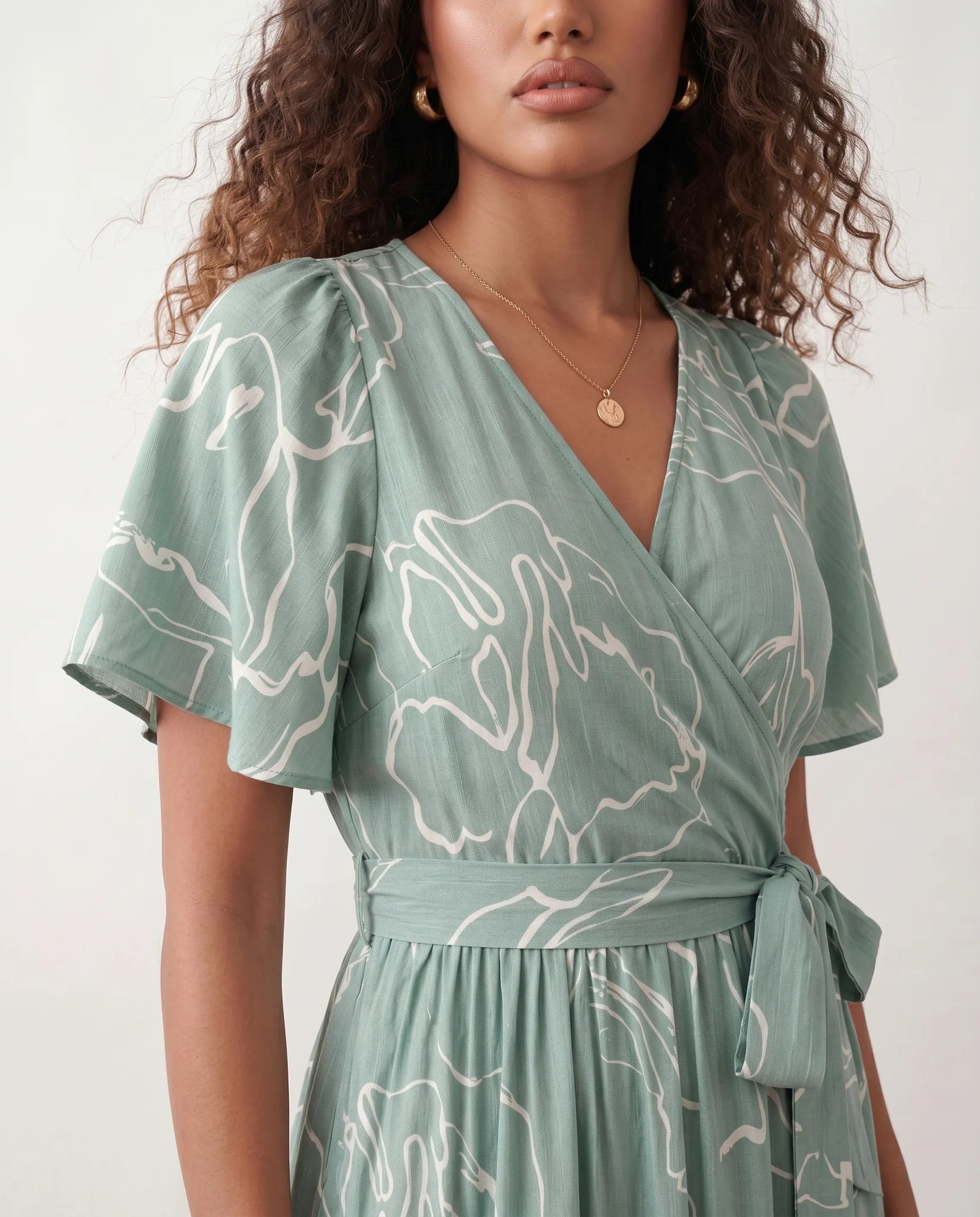Vera Abstract Print Tie Detail Maxi Dress in Abstract Green — detail close-up
