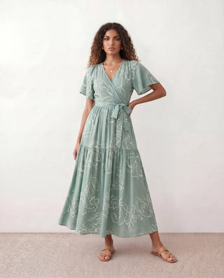 Vera Abstract Print Tie Detail Maxi Dress in Abstract Green — front view