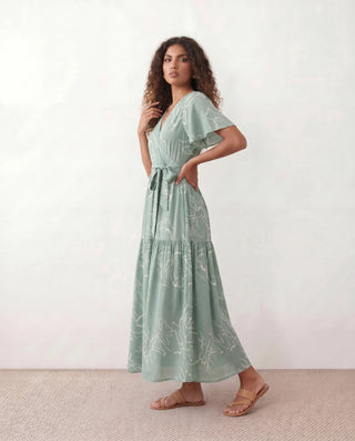 Vera Abstract Print Tie Detail Maxi Dress in Abstract Green — side view