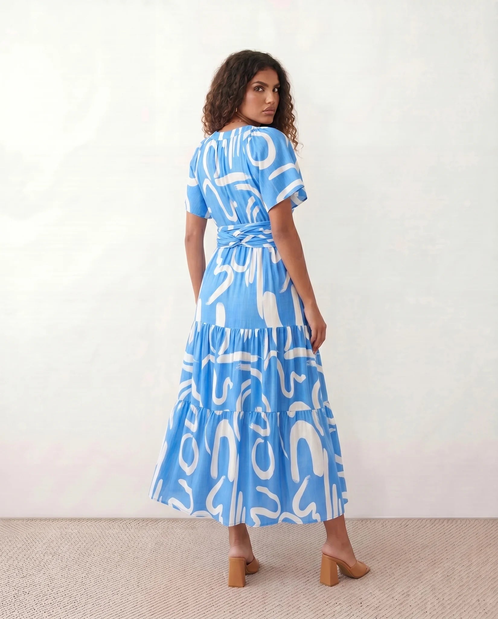 Vera Abstract Print Tie Detail Maxi Dress in Abstract Light Blue — back view