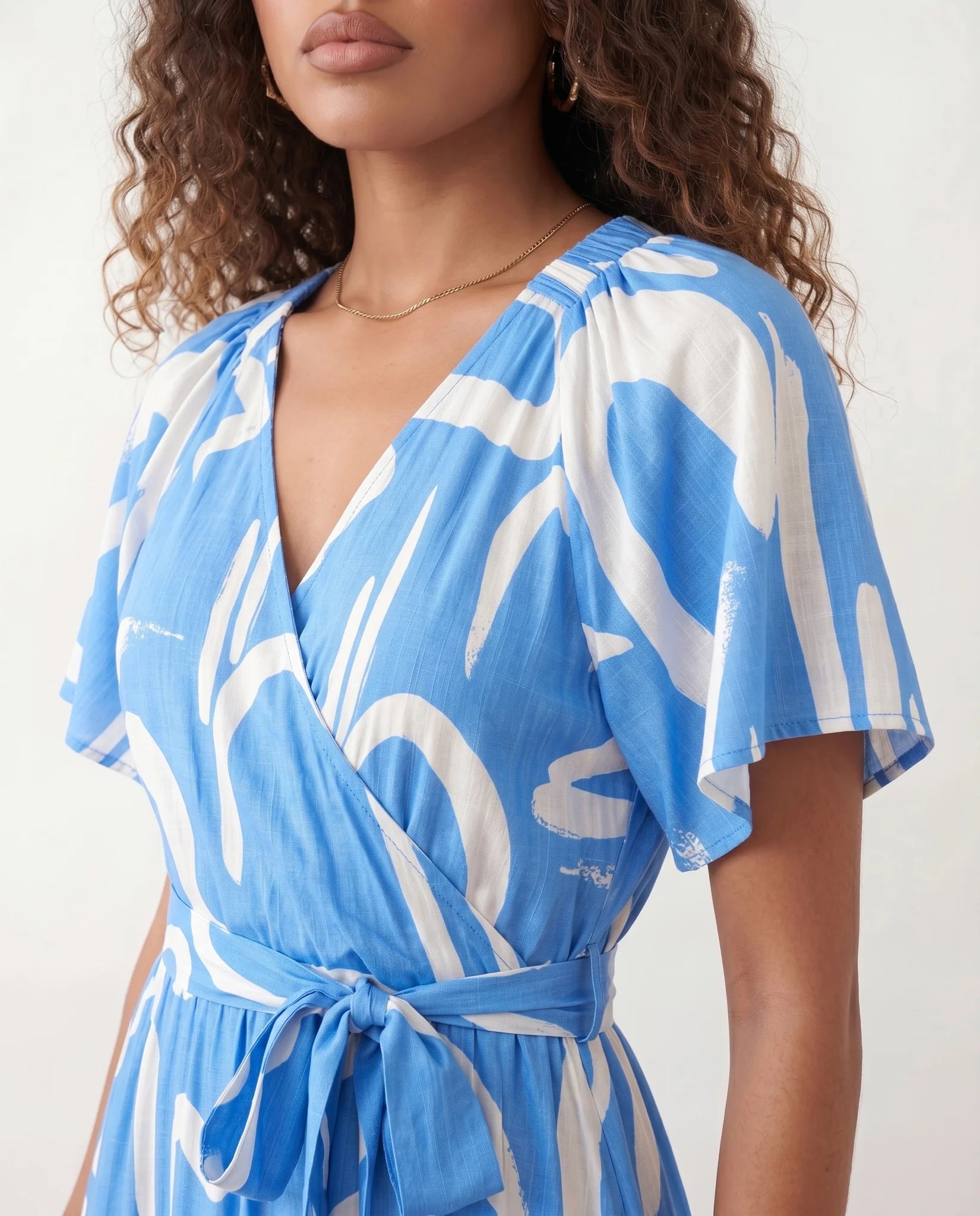 Vera Abstract Print Tie Detail Maxi Dress in Abstract Light Blue — detail close-up