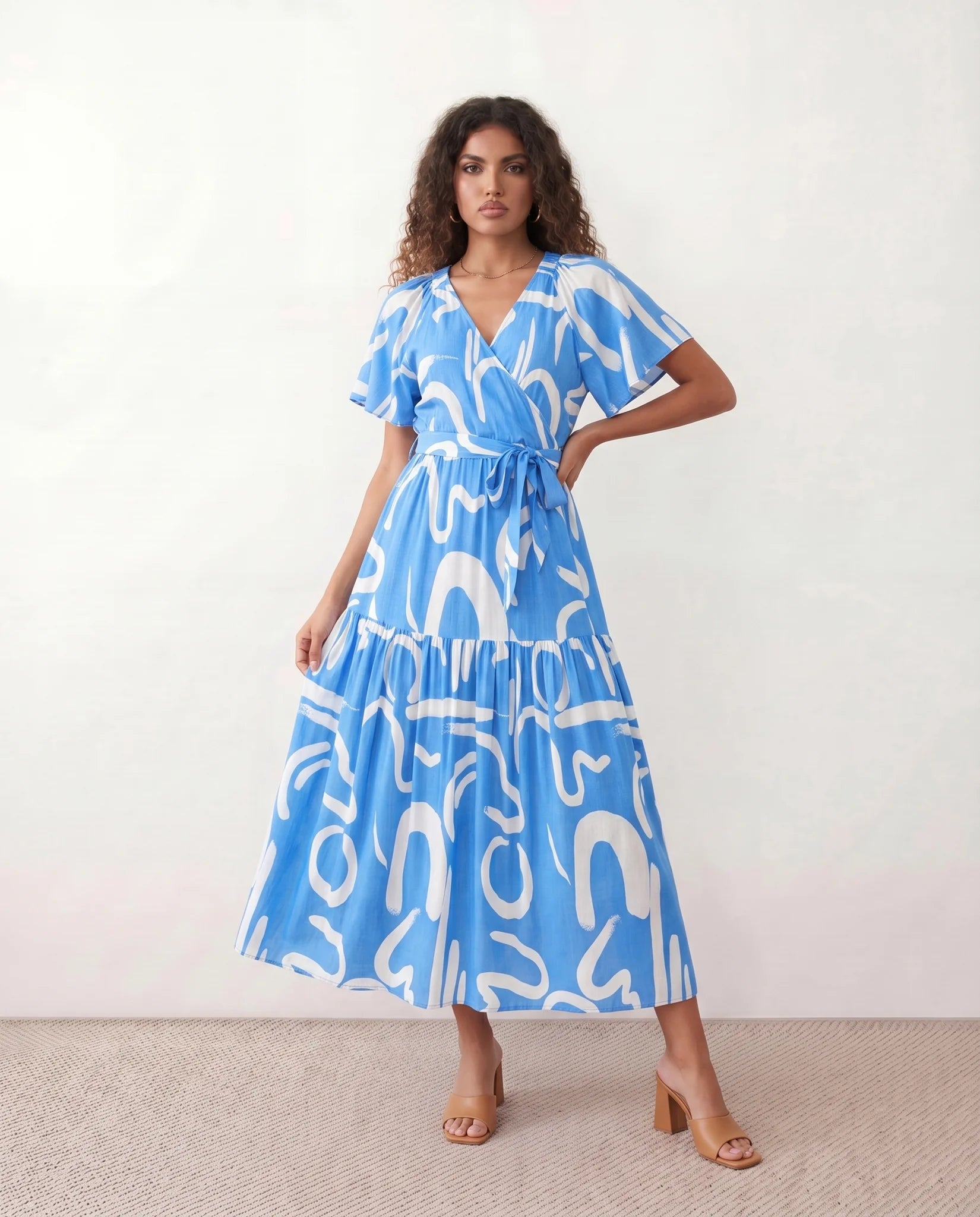 Vera Abstract Print Tie Detail Maxi Dress in Abstract Light Blue — front view